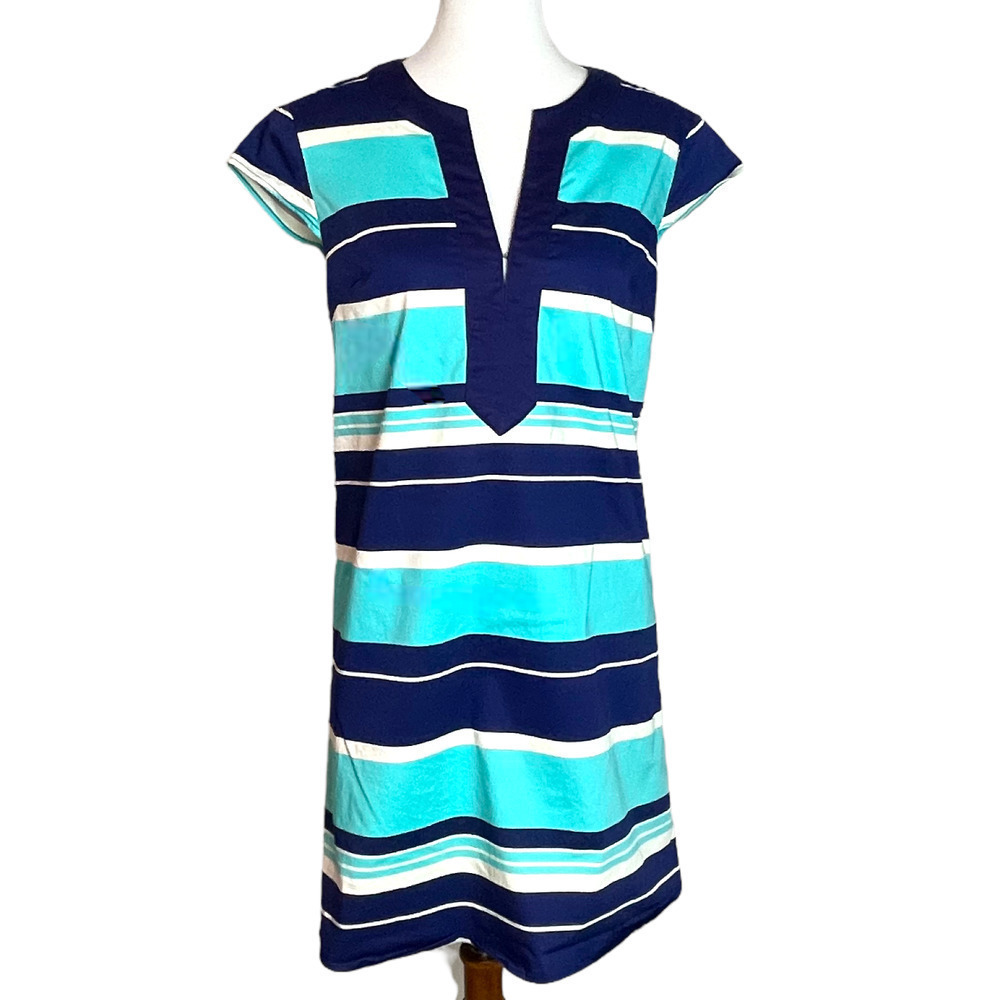 🍀JB by Julie Brown Navy Aqua White Striped Notch Neck Tunic Dress Women’s Size 4